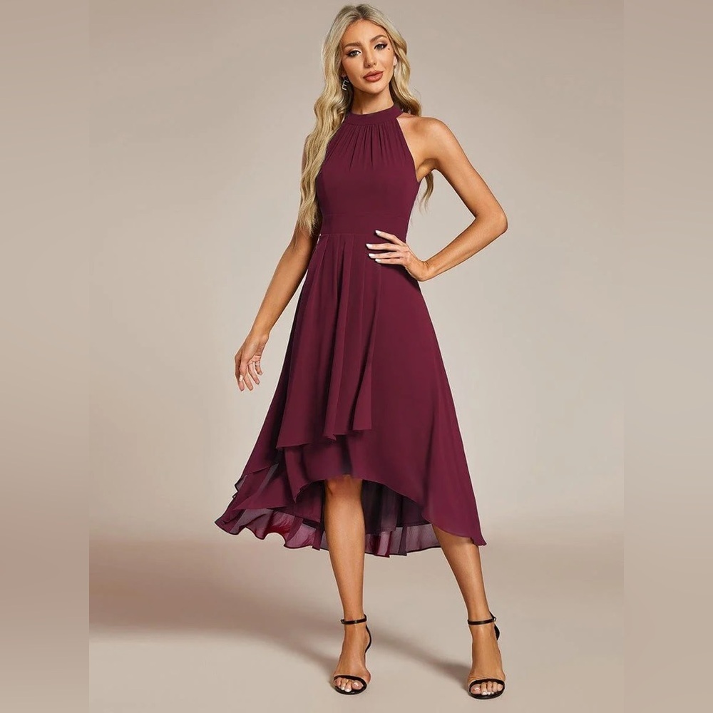 🆕 Midi Halter Neck Chiffon Wedding Guest Dress with Sleeveless and A-Line